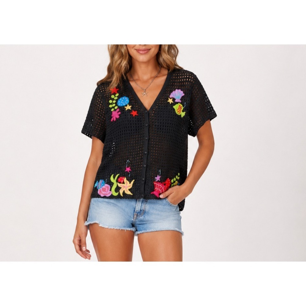 Hampshire Studio Sweater Cardigan Womens Plus 2X Black Loose Knit Ocean Beacy